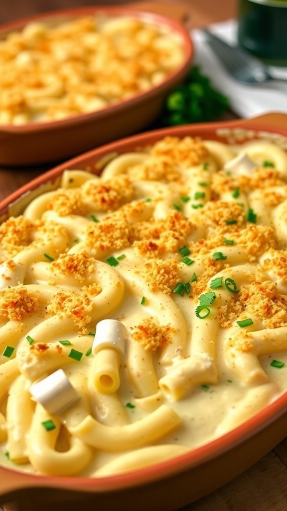 A golden brown four cheese chicken alfredo casserole in a baking dish, garnished with parsley, on a rustic kitchen table.